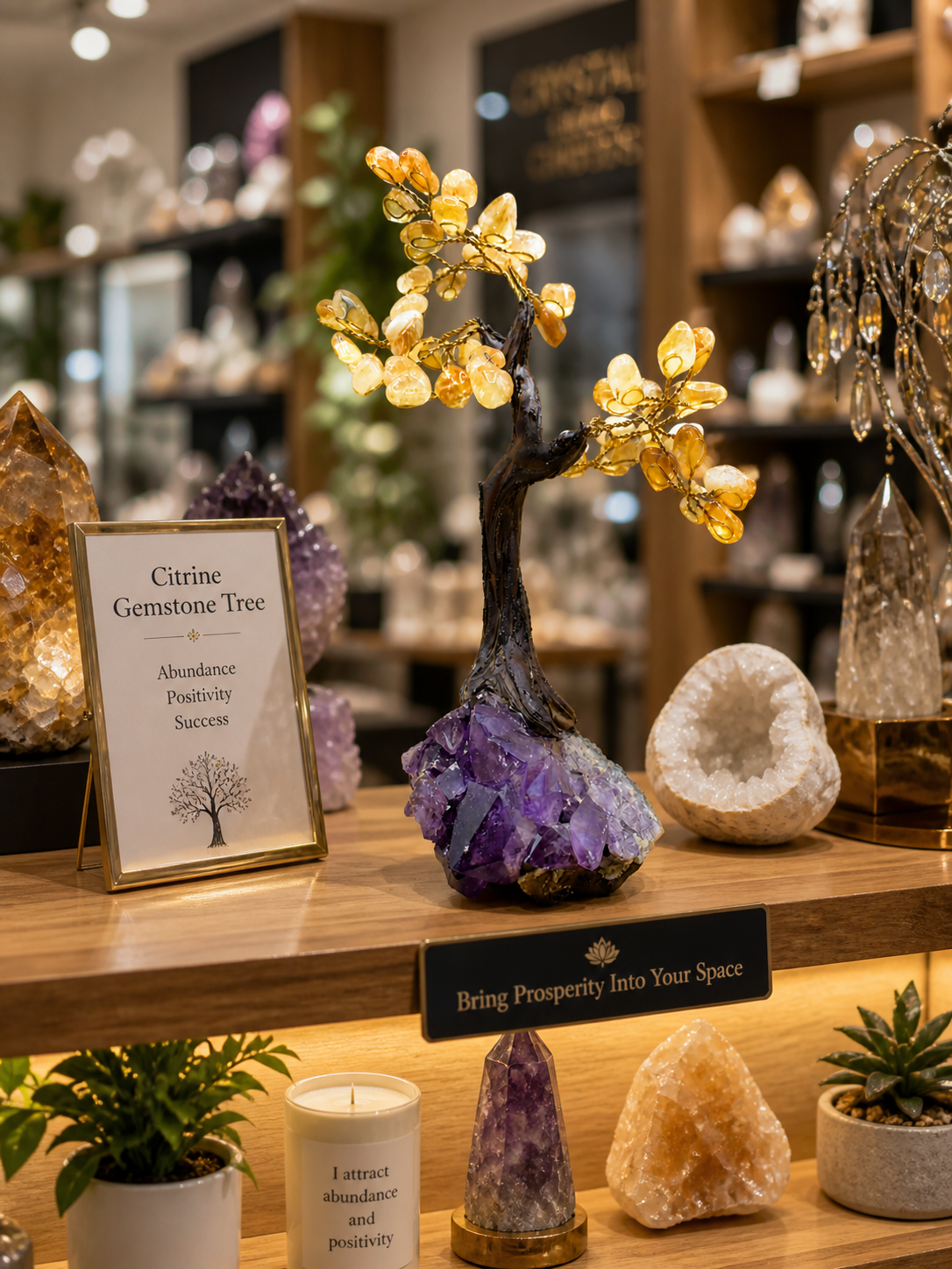 A boutique shop display shelf where the citrine gemstone tree is showcased among other decorative items, drawing attention as a premium piece for customers seeking beauty and symbolic value.