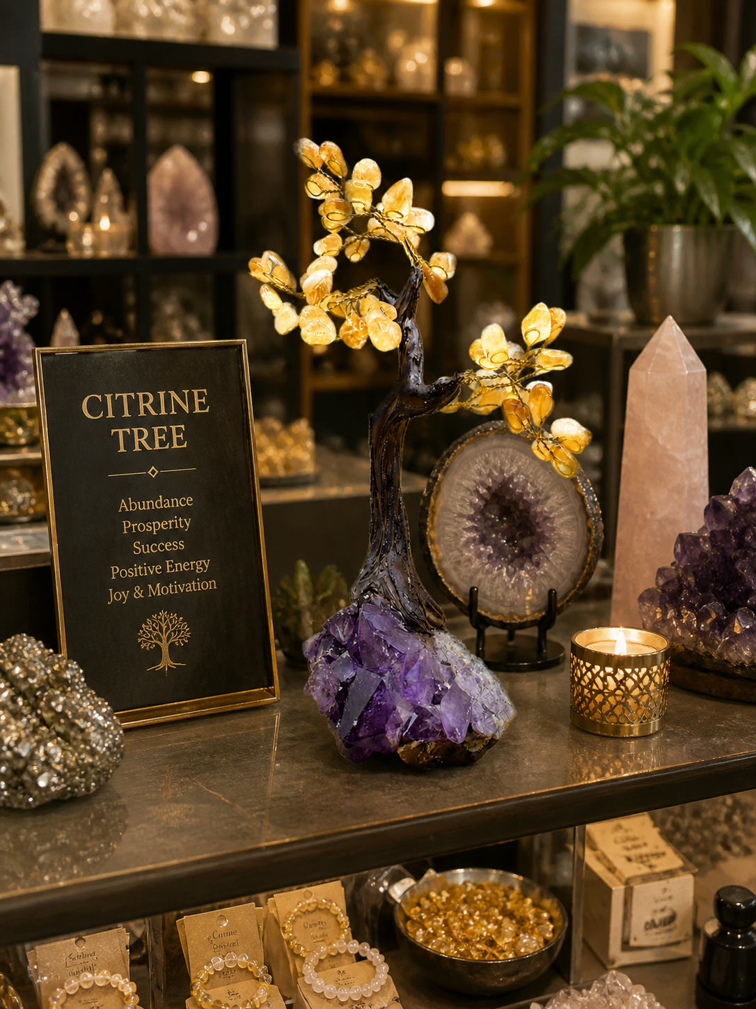 A crystal shop display shelf where the citrine gemstone tree is showcased among other decorative items, drawing attention as a premium piece for customers seeking beauty and symbolic value.