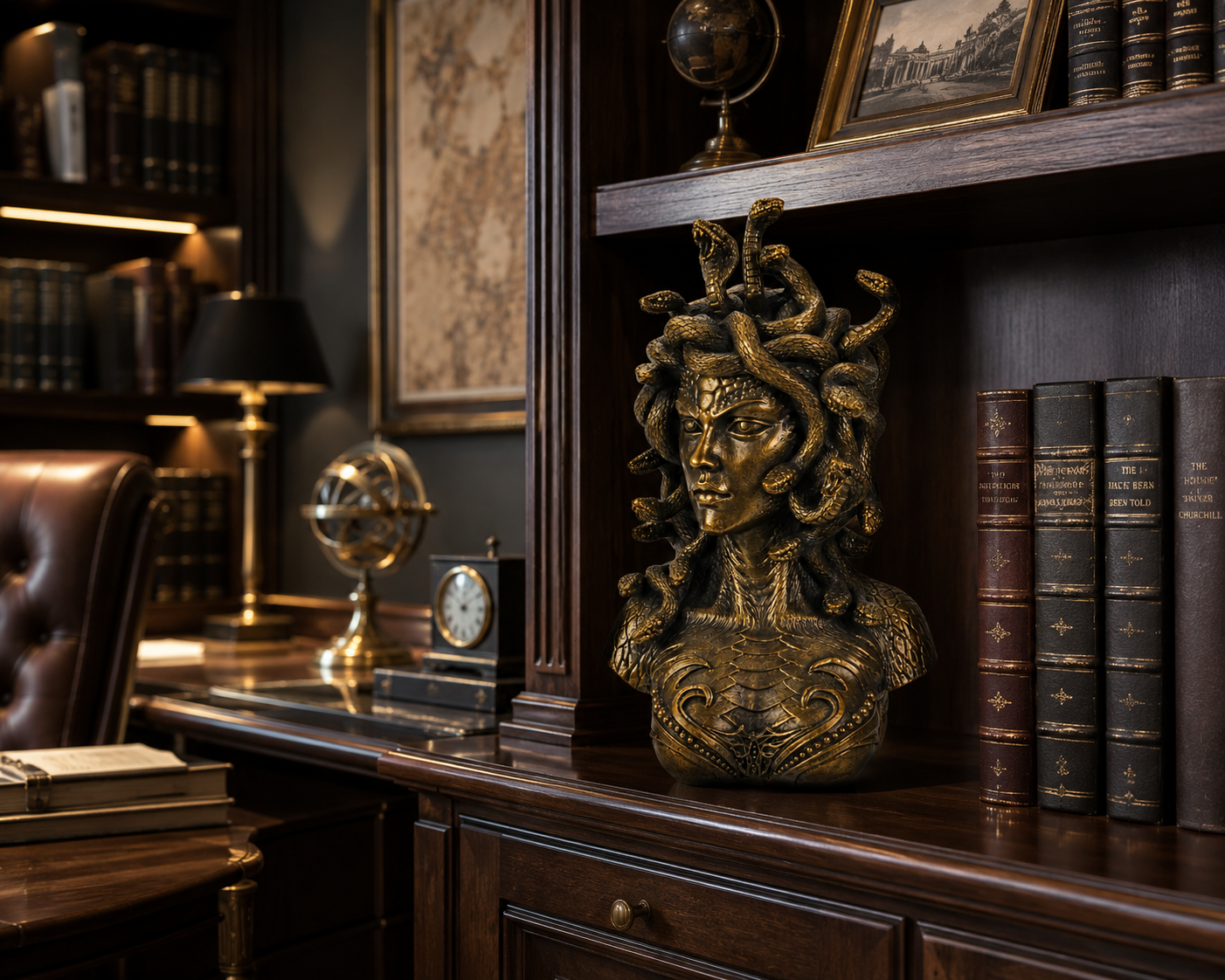 Medusa Bust on a wooden desk with books and a globe in a darkly lit room.