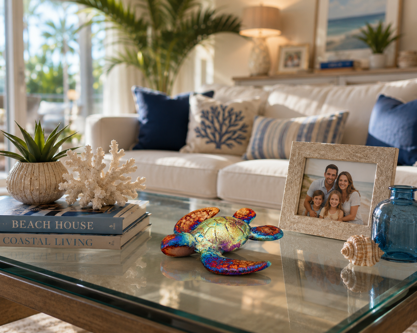 Living room with a glass coffee table, decorative items, and a family photo frame.