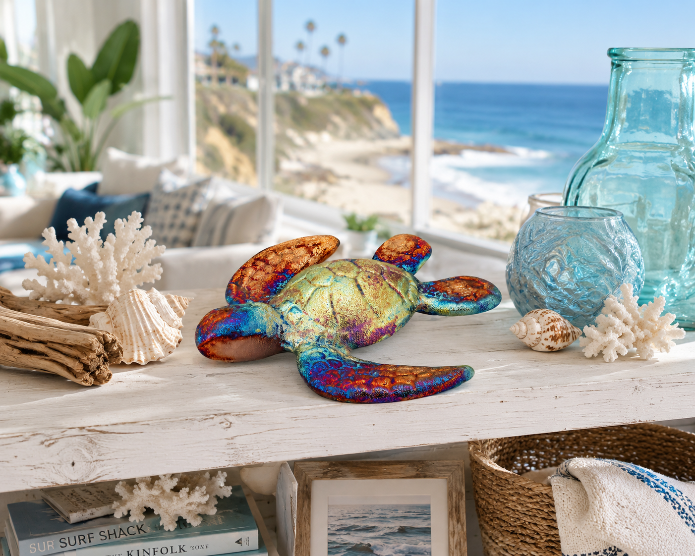Colorful turtle figurine on a table with ocean view