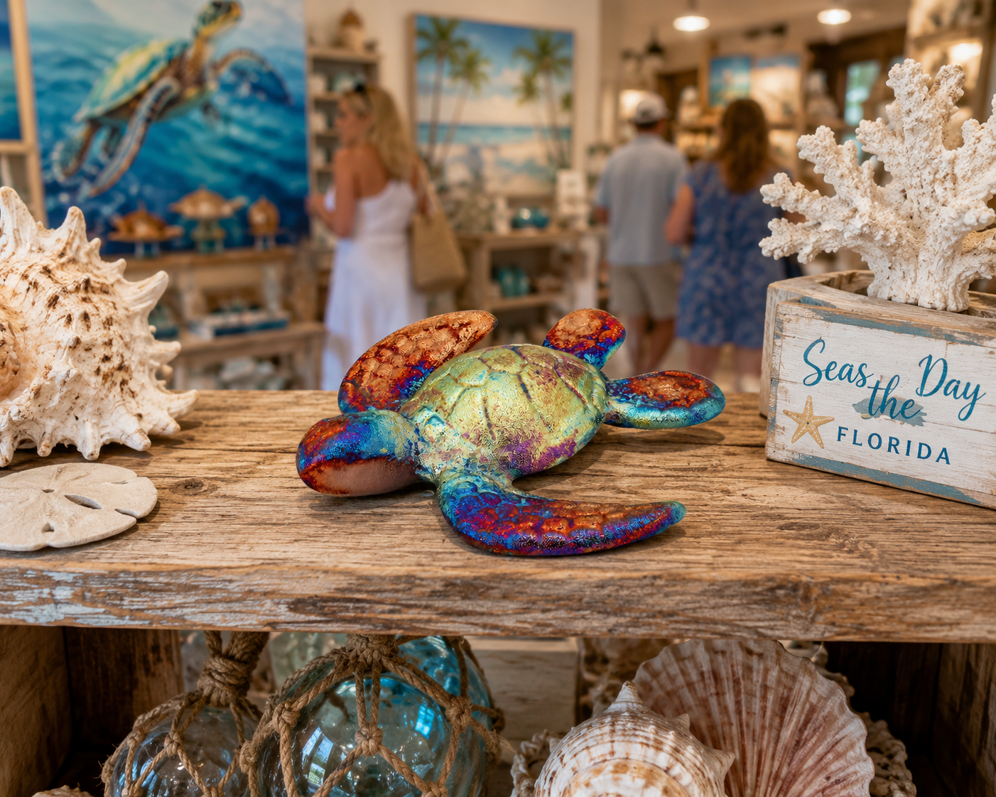 Colorful sea turtle figurine on a wooden table with decorative items and people in the background.