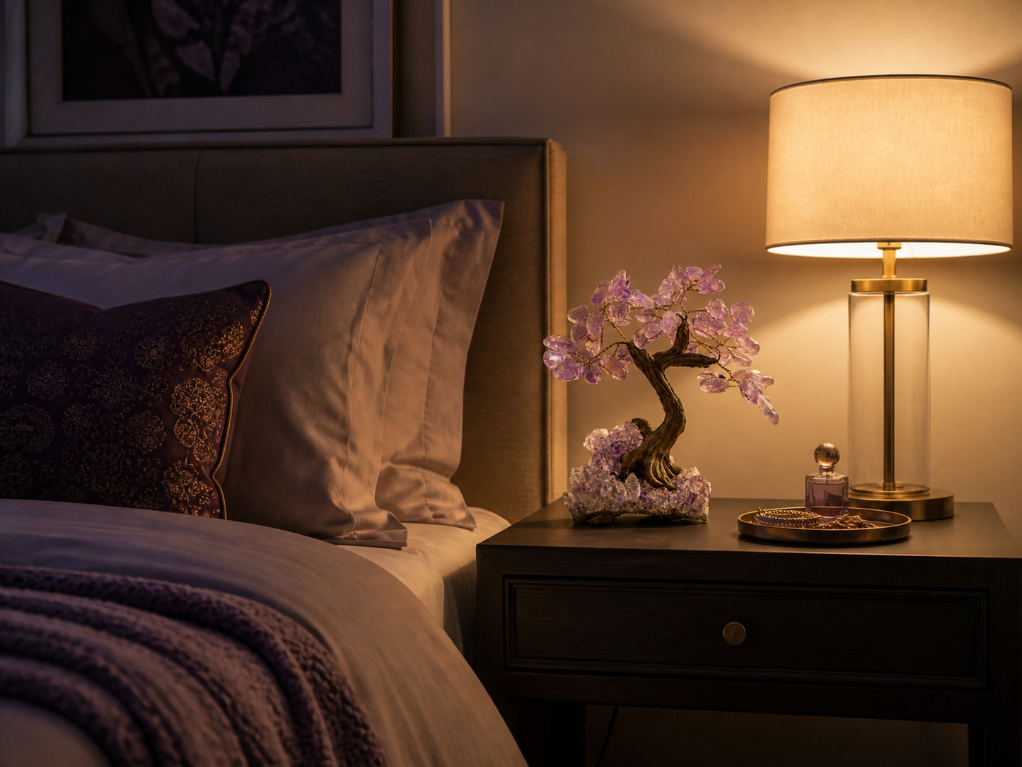 A cozy, elegant bedroom scene with soft bedding textures and warm bedside lighting. The amethyst gemstone tree is placed on a nightstand next to a lamp and a small jewelry tray. The lighting highlights the purple tones of the crystals, creating a soothing nighttime aesthetic. The vibe is intimate, calm, and luxurious.