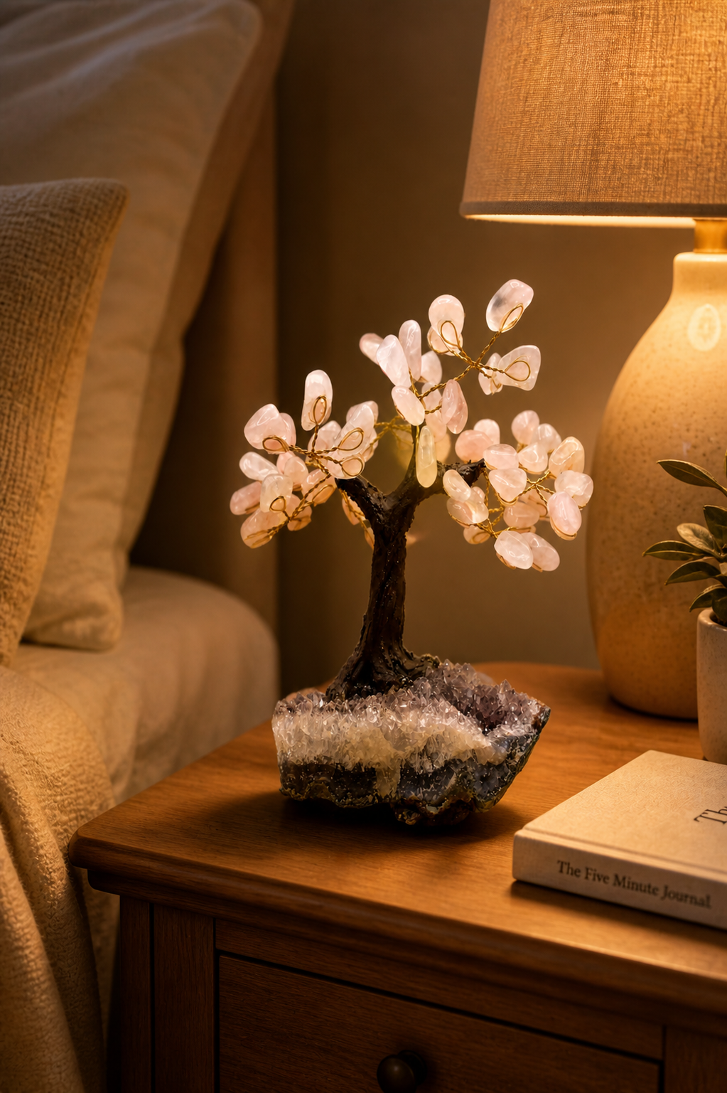 Rose quartz gemstone tree on a cozy bedside table with a lamp, a book, and soft fabric textures in the background.