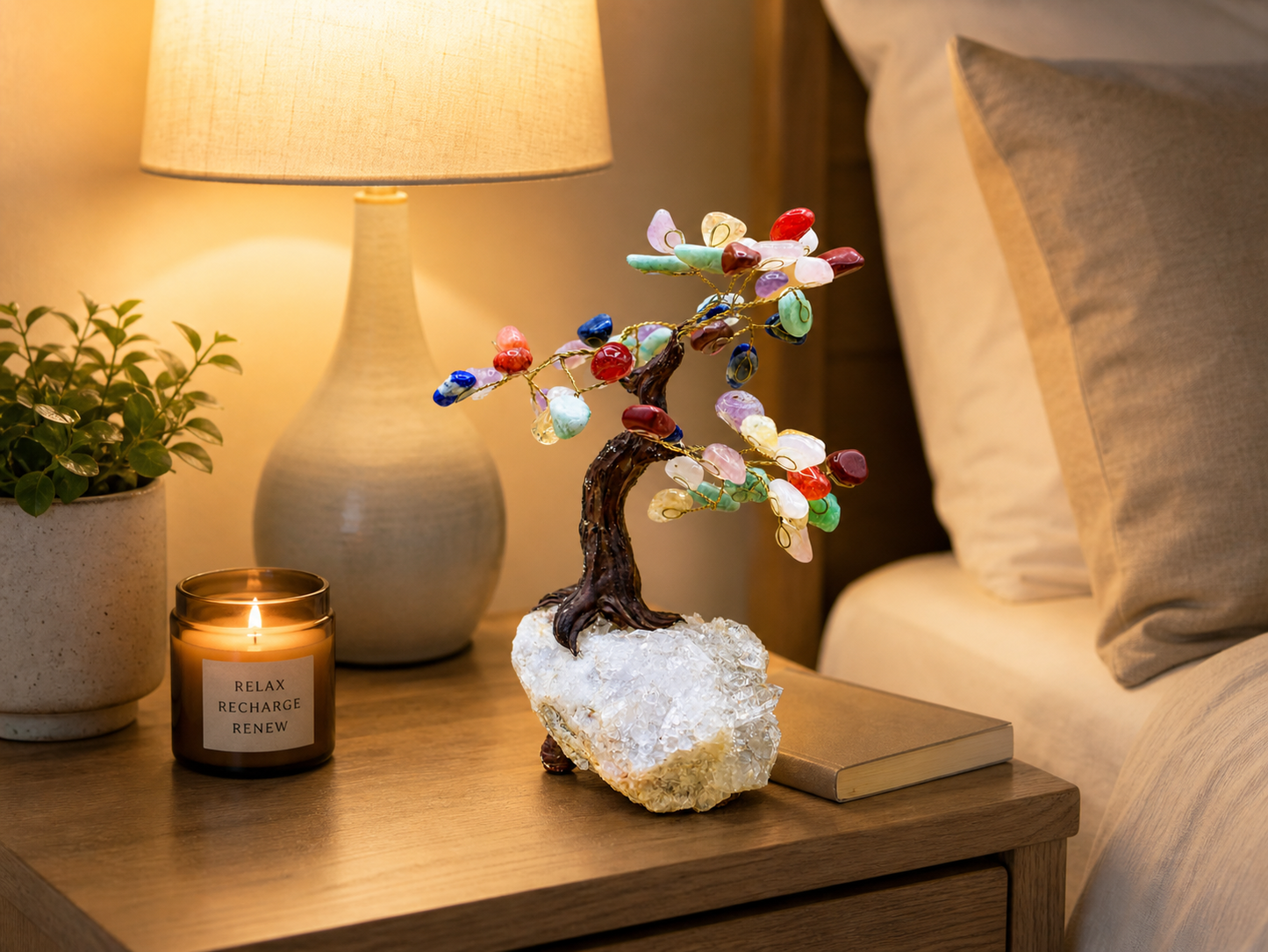 The chakra gemstone tree on a bedside table with a soft lamp glow and neutral bedding in the background. 