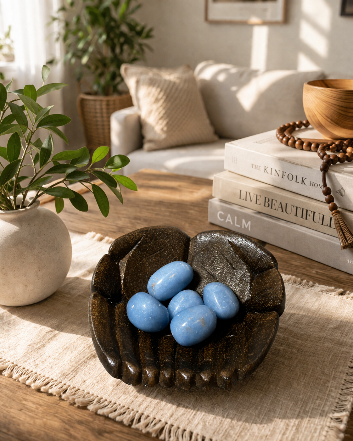 The Angelite gemstone styled as a home décor element. Natural daylight, soft shadows, and a cozy interior feel suggest the stones are used to enhance the aesthetic and energy of a living space.