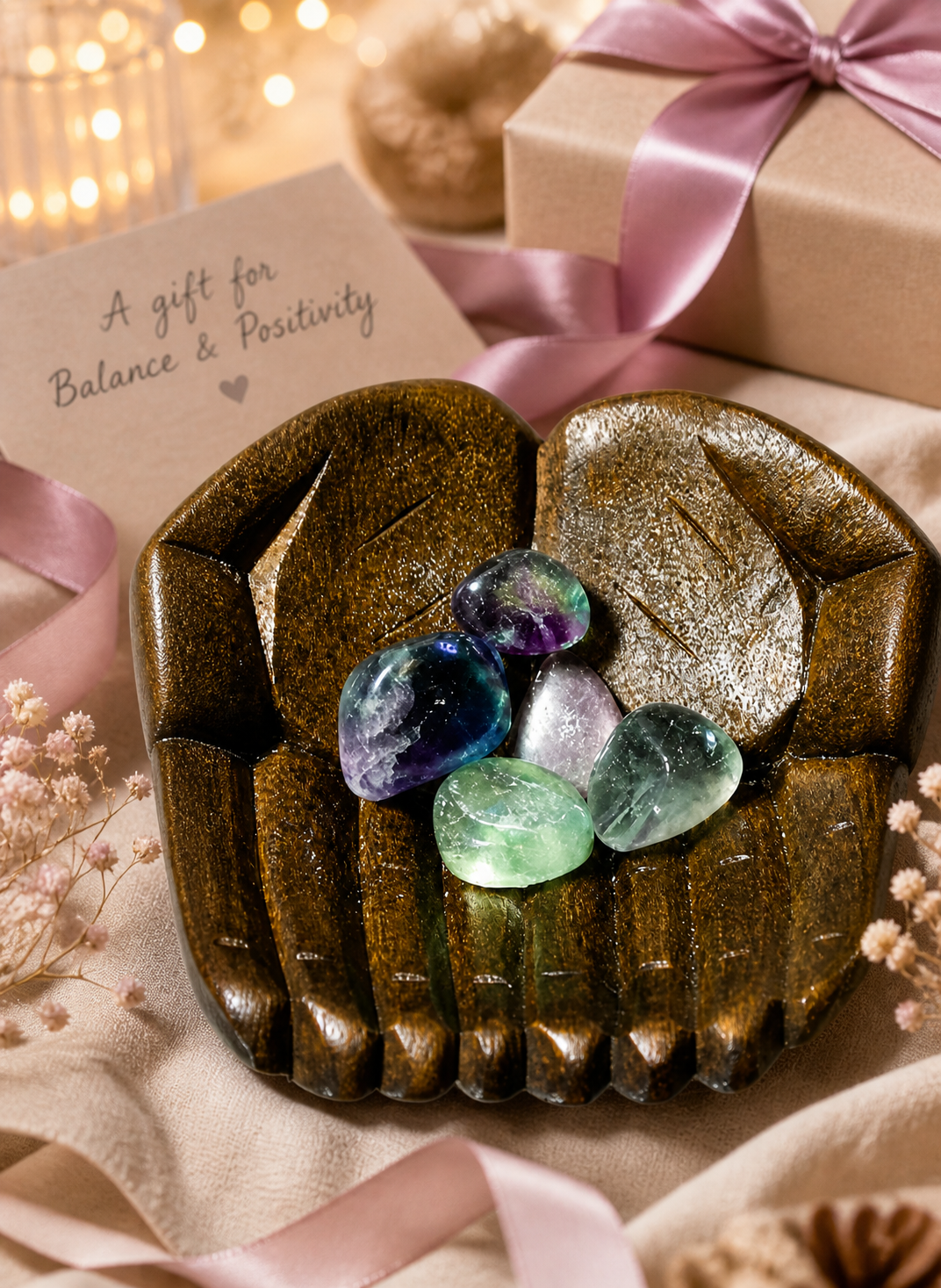 A lifestyle storytelling frame where the crystals are part of a thoughtful wellness gift with a softly blurred background with gift wrapping elements (ribbons, box, greeting card) and warm ambient lighting.