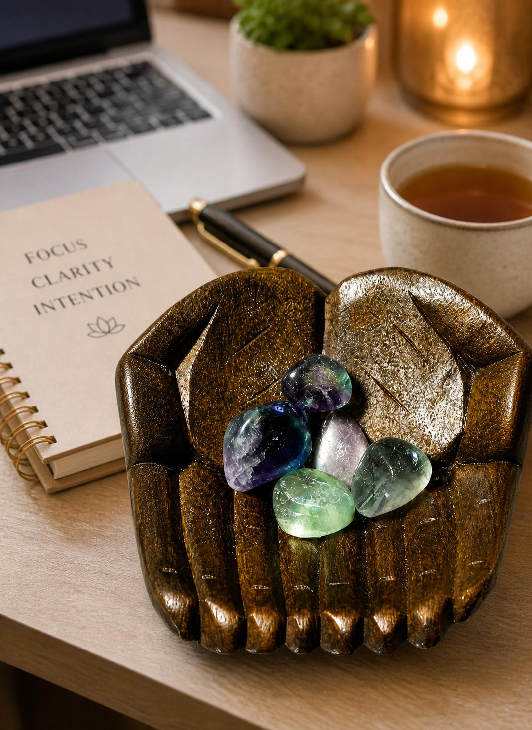 Wooden hand with Fluorite stones as part of a modern spiritual workspace with a blurred background of a desk setup with a journal, laptop, and a cup of tea, suggesting focus, clarity, and intention-setting.