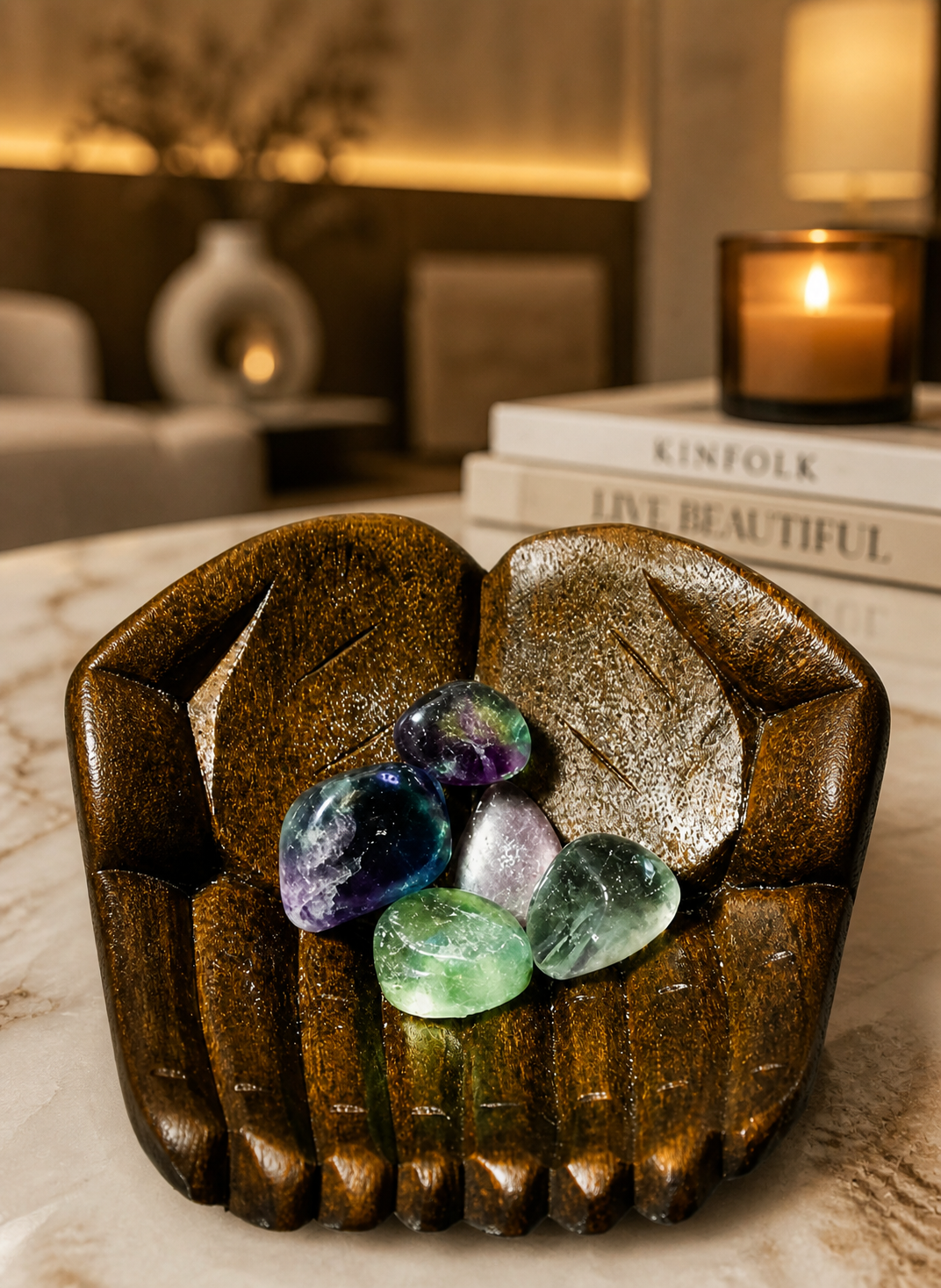 Wooden hand bowl with Fluorite stones as a premium décor piece on a modern marble tabletop.