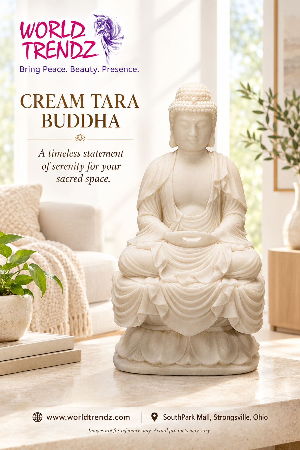 Cream-colored Tara Buddha statue seated in a meditative pose, displayed in a bright, modern living room setting. The image includes promotional text from World Trendz.