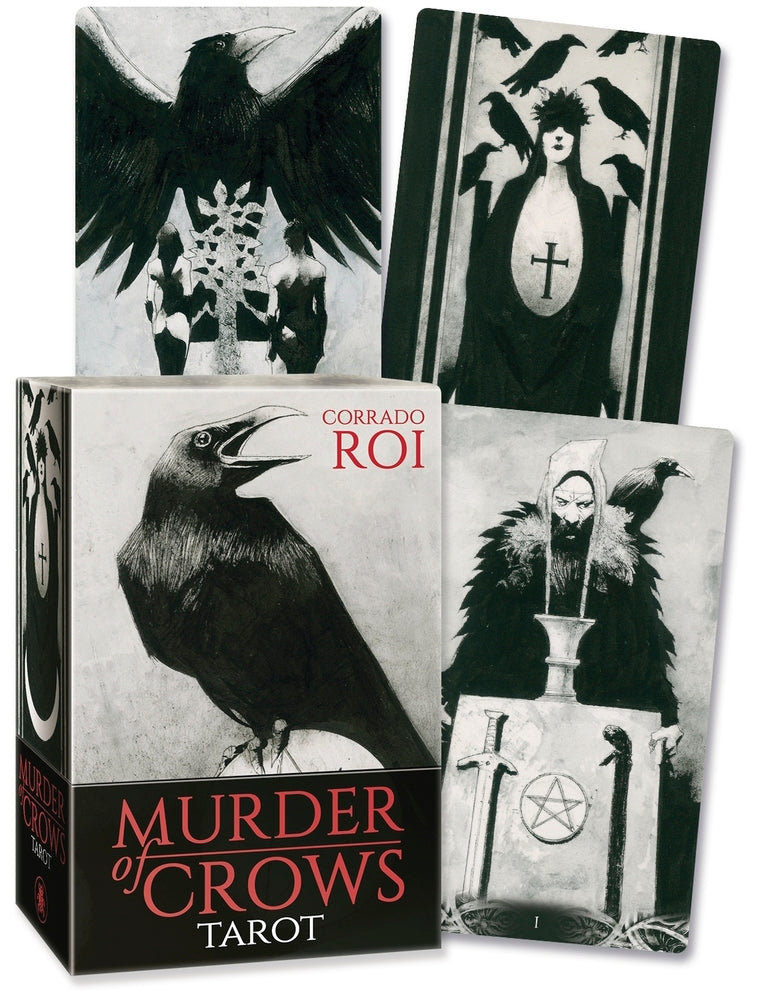 Tarot card set titled 'Murder of Crows' with black and white illustrations on a white background.