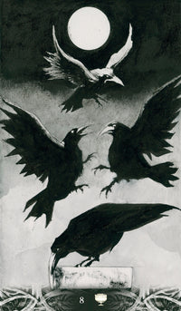 Four crows flying around a full moon with a tarot card symbol at the bottom.