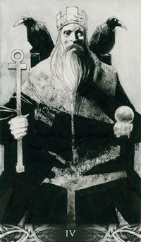 Black and white photograph of a person with a beard and traditional clothing, holding a book and a sword.