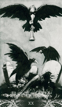 Black and white illustration of a crow with outstretched wings on a black background