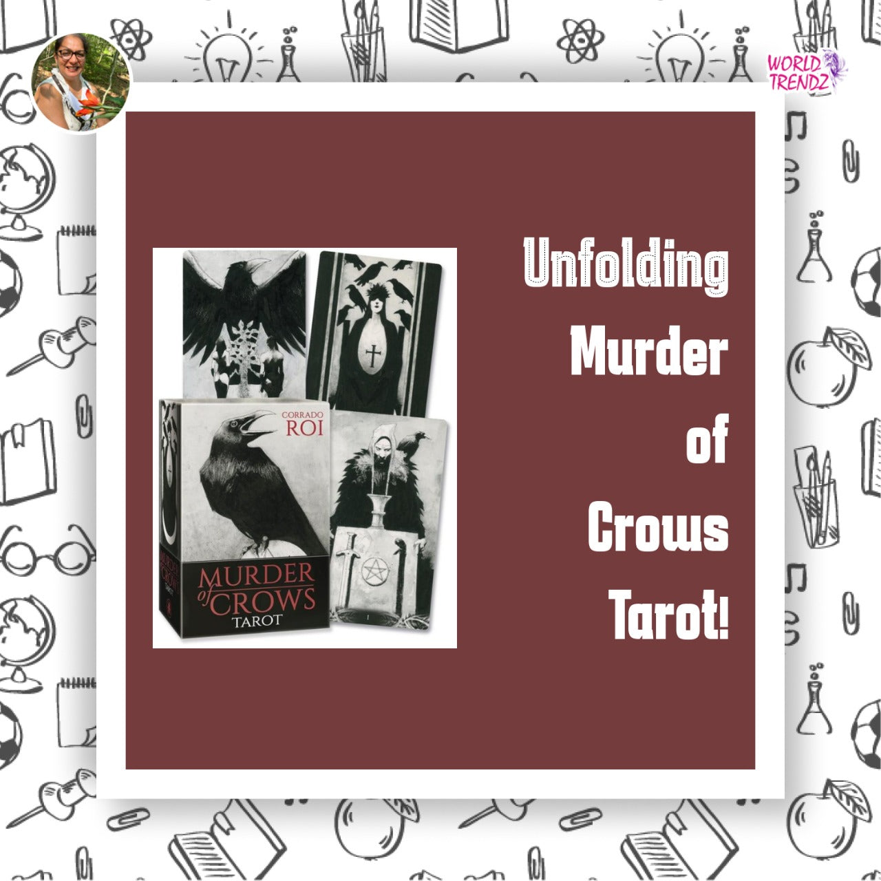 Advertisement for 'Unfolding Murder of Crows Tarot' with tarot card images on a maroon background.