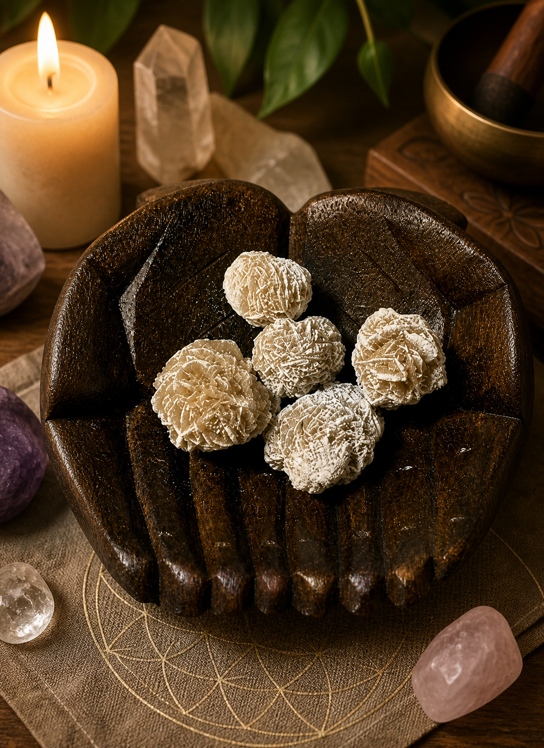 A symbolic composition of desert rose crystals resting in carved wooden hands, representing protection and spiritual healing. The image evokes their use in crystal healing practices, energy cleansing, and chakra alignment, with lighting emphasizing purity and natural formation without altering the original setup.