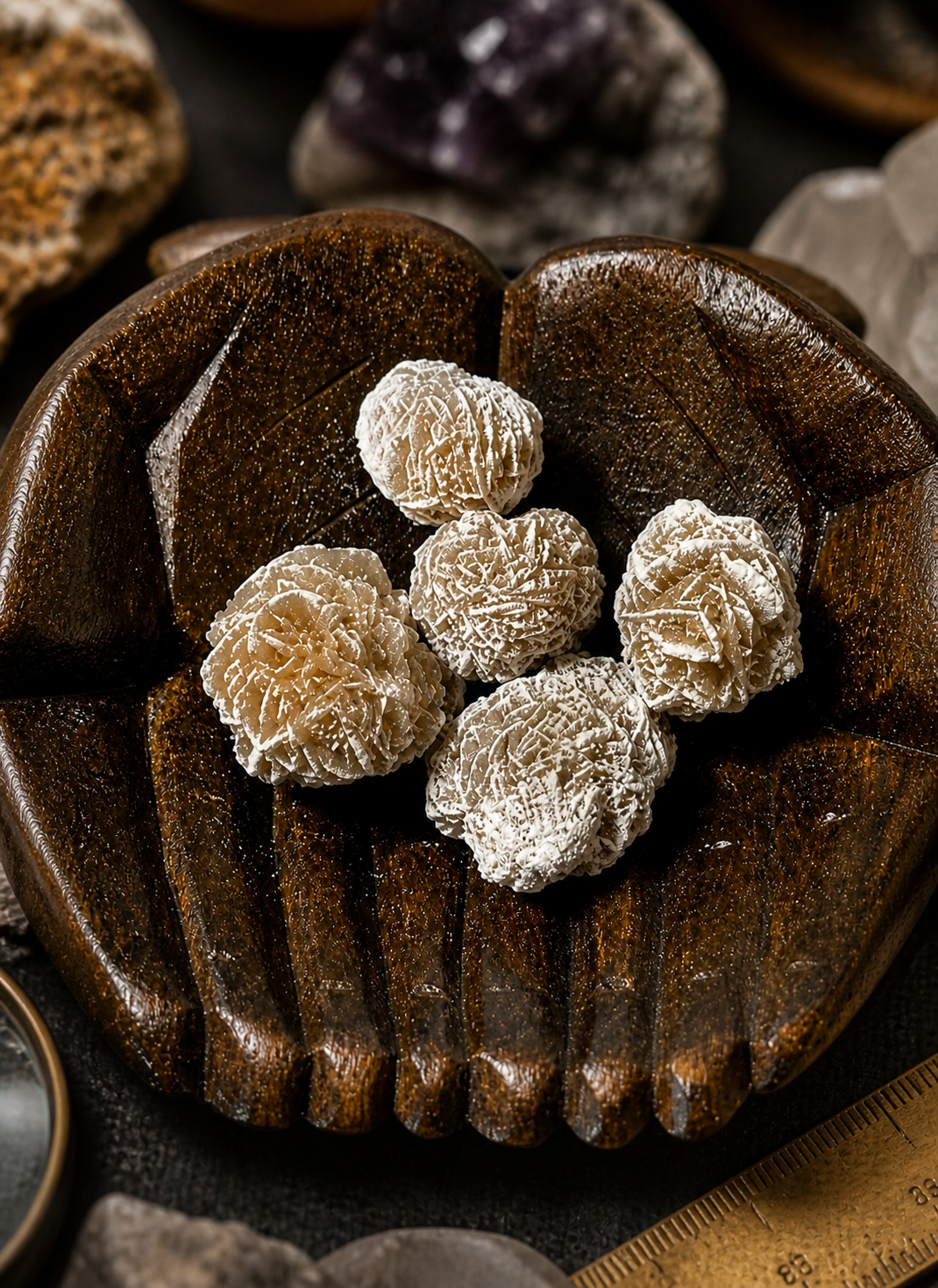 A detailed macro-style presentation of desert rose mineral specimens showcased in a carved wooden holder. Focus on texture, formation, and natural geometry suggests their value to mineral collectors, geologists, and enthusiasts who appreciate rare crystalline structures in curated displays.