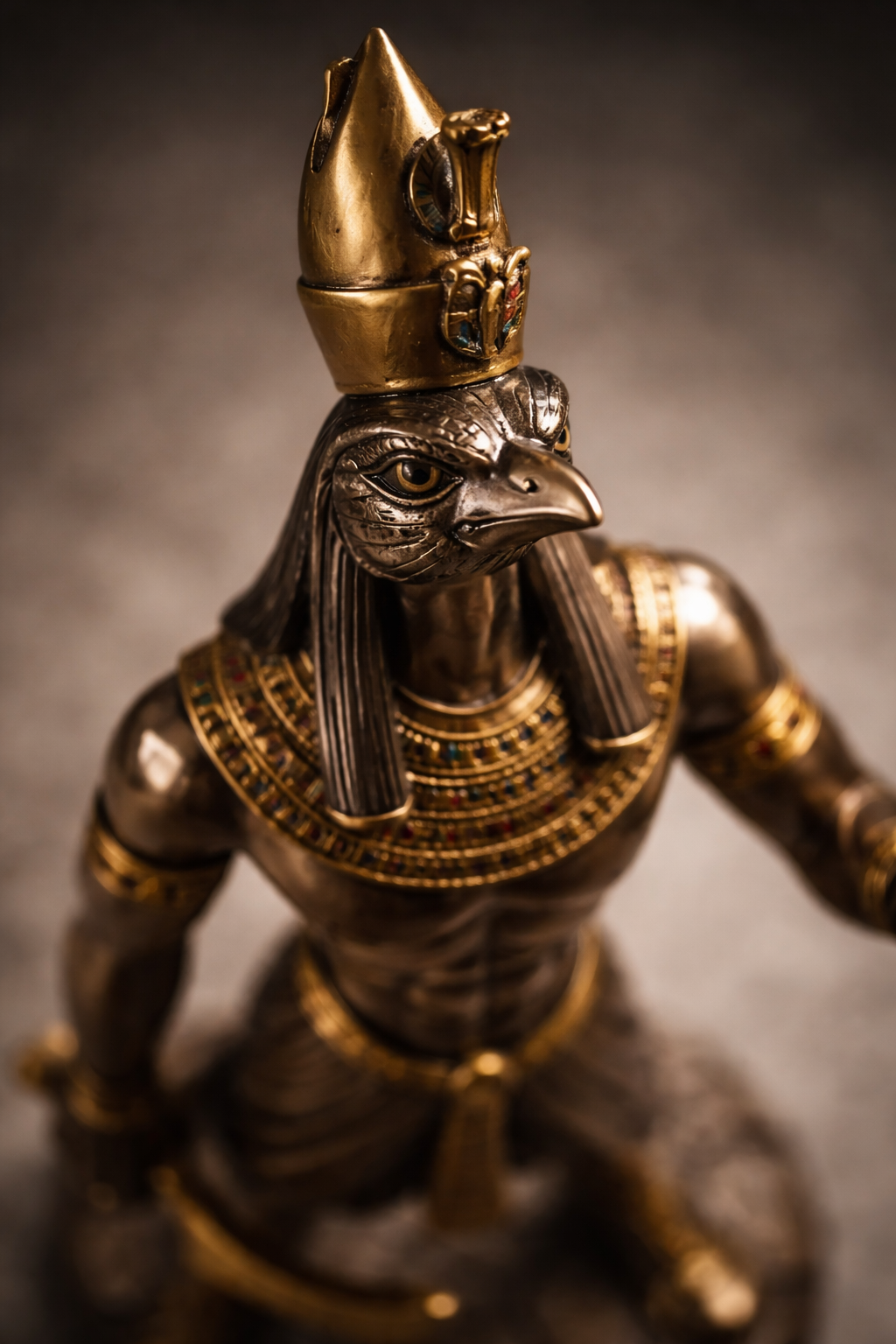 Bronze statue of an Egyptian Horus on a dark background