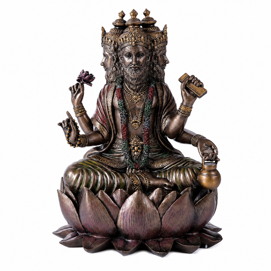 Bronze statue of Brahma a seated figure on a white background