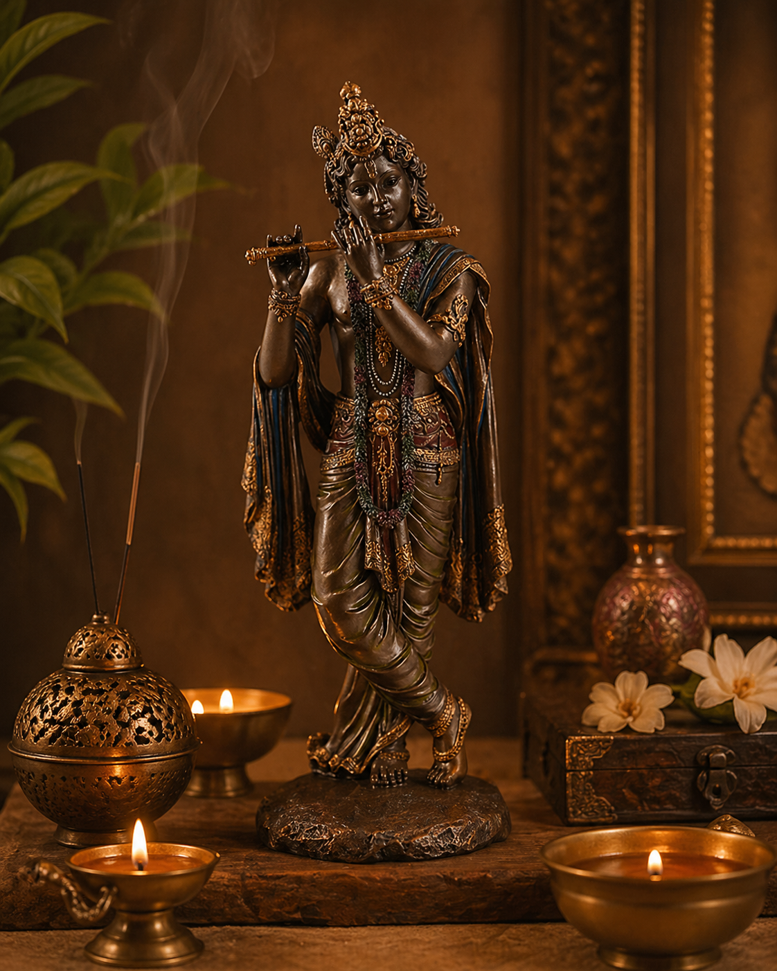 Statue of Krishna holding a flute with incense, candles, and flowers in a warm setting