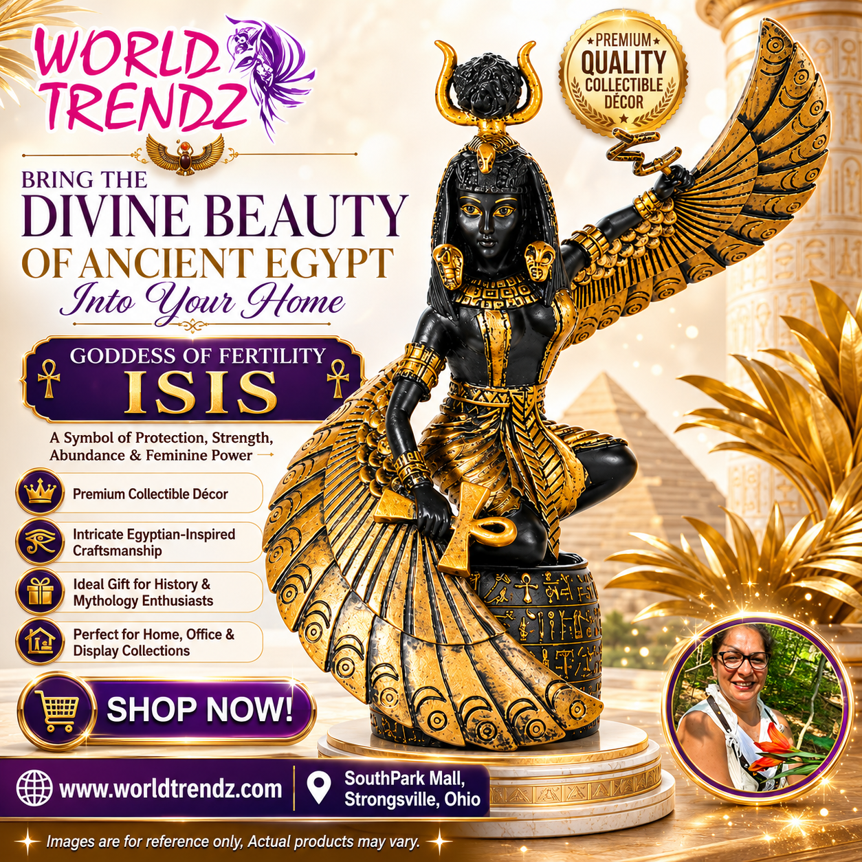 Goddess of Fertility Isis statue with promotional text for World Trendz