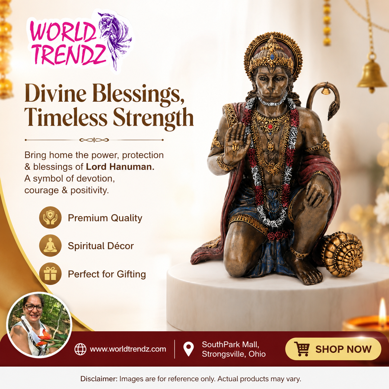 Statue of Lord Hanuman with promotional text for World Trendz on a white background