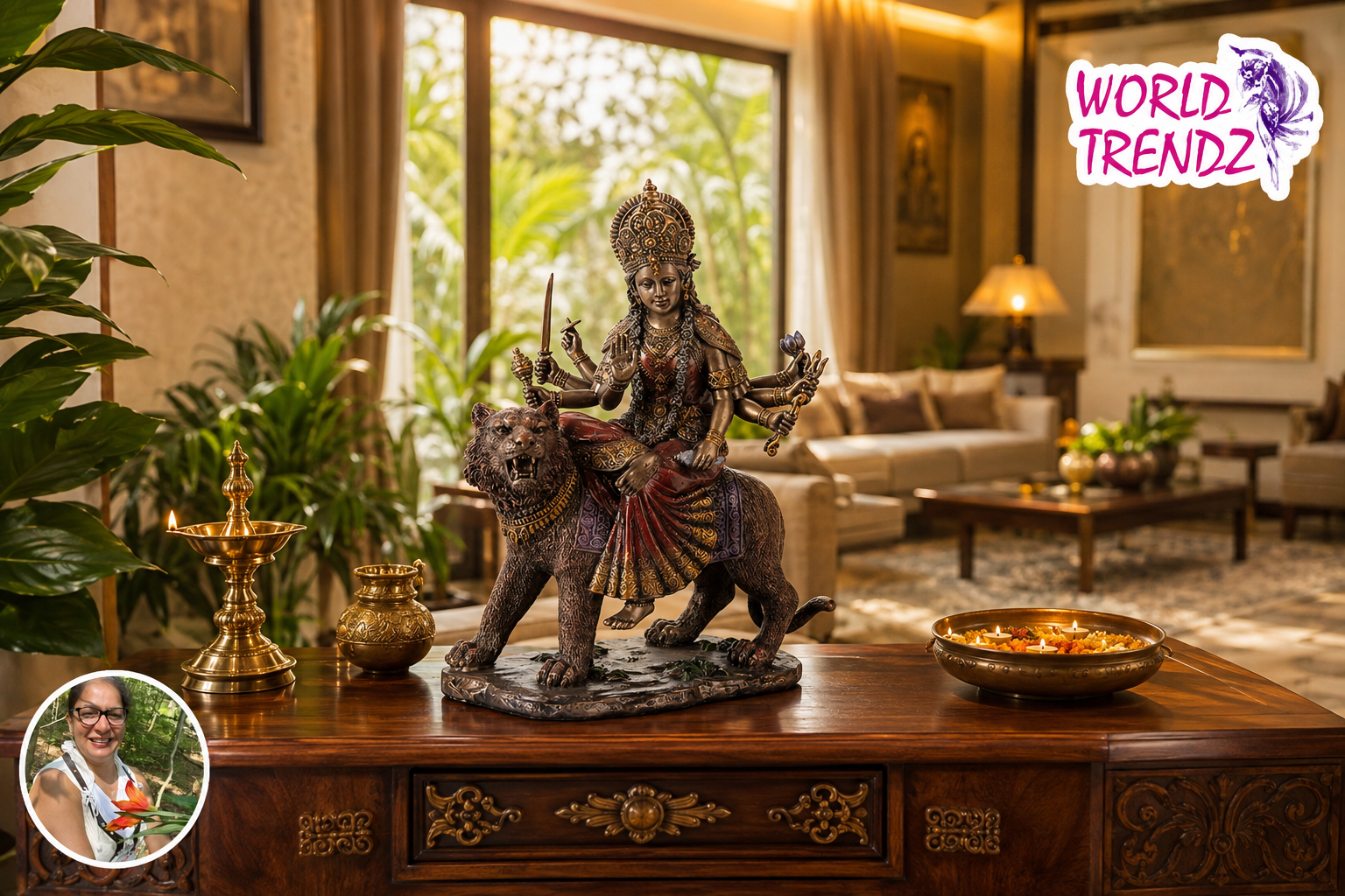 A bronze statue of Goddess Durga riding a lion, displayed on a dark wooden console table in a luxurious living room setting. A 'WORLD TRENDFZ' logo is visible in the top right corner, and a circular inset photo of a woman is in the bottom left corner.