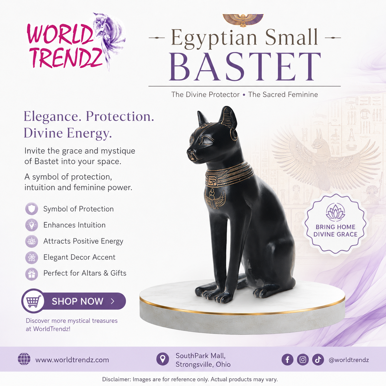A promotional product graphic for a small black Egyptian Bastet statue with gold collar details, displayed on a white pedestal. The image includes the brand name World Trendz, product title text, feature callouts, and a purple decorative background.