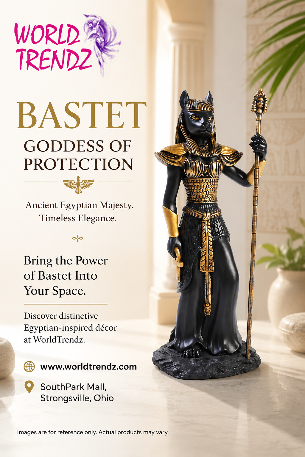A promotional product image for a World Trendz Bastet Goddess of Protection statue. The black and gold figurine stands on a marble-like surface in a softly lit interior setting, holding a staff.