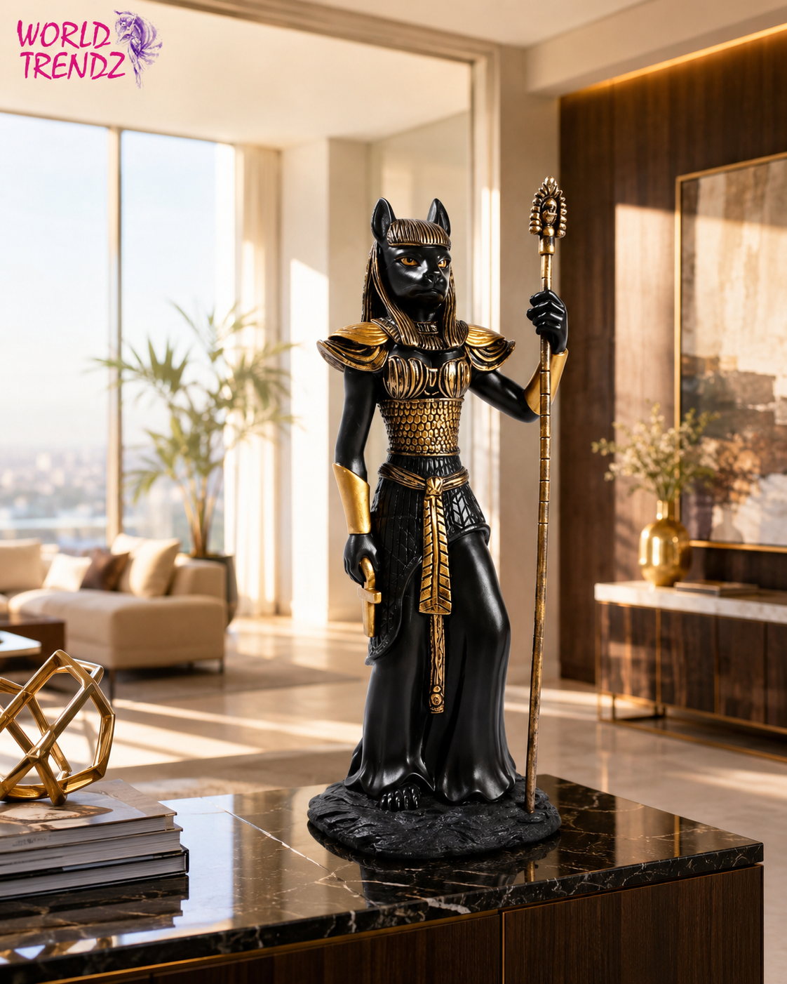 A black and gold Egyptian Bastet Goddess Statue of Isis holding a scepter, displayed on a black marble countertop in a modern, sunlit living room.