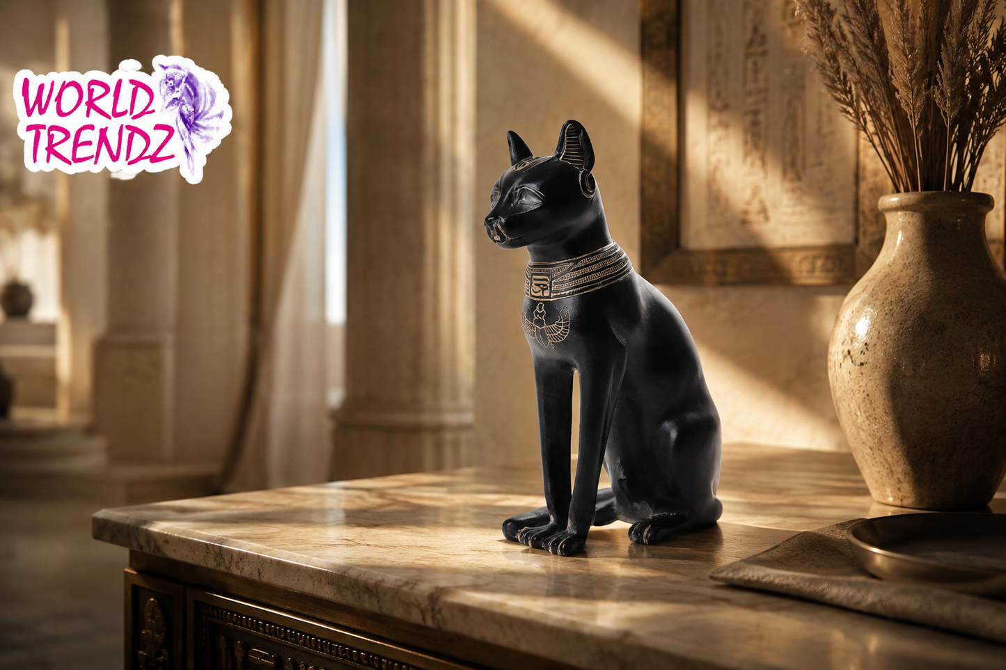 A glossy black cat figurine Bastet wearing a gold collar, styled on a marble tabletop in a warm, sunlit interior setting with a ceramic vase in the background. A 'WORLD TRENDZ' logo is visible in the top-left corner.