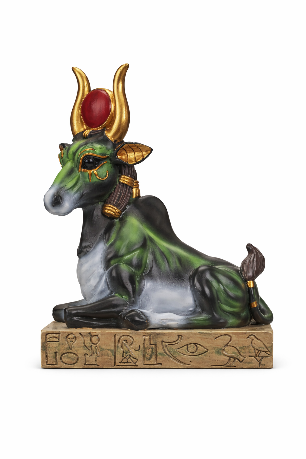 Statue of a green creature with horns and a red eye on a white background
