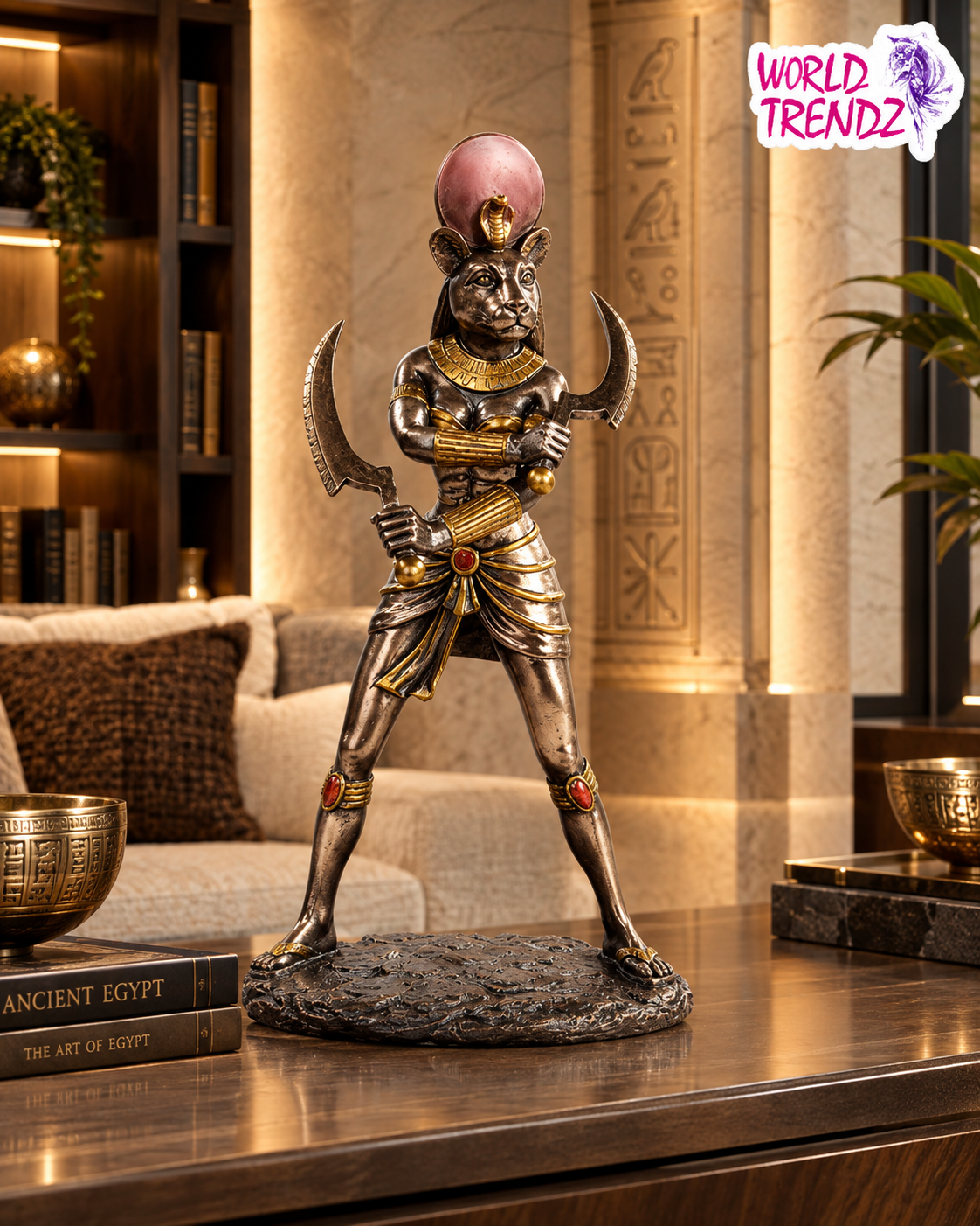 An Egyptian Sekhmet Statue with a metallic silver body, gold accents, and a pink globe on a dark base, displayed on a wooden table in a luxurious, warmly lit room.