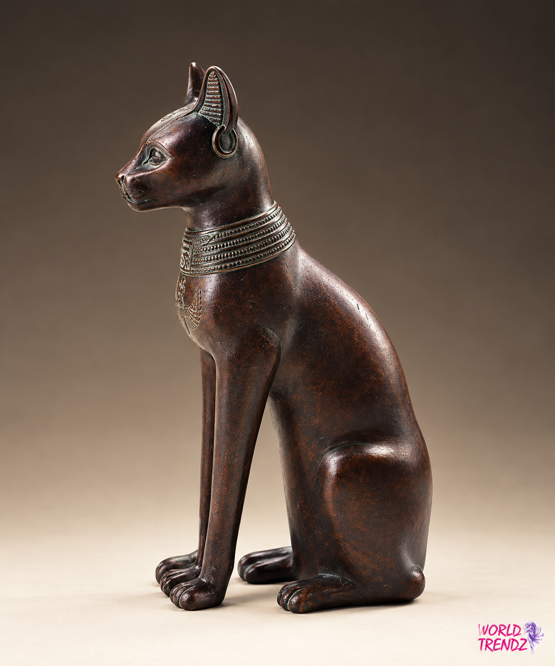 A dark bronze-finished Egyptian Small Bastet statue of a seated cat in profile, styled with a detailed collar, set against a neutral gradient studio background.