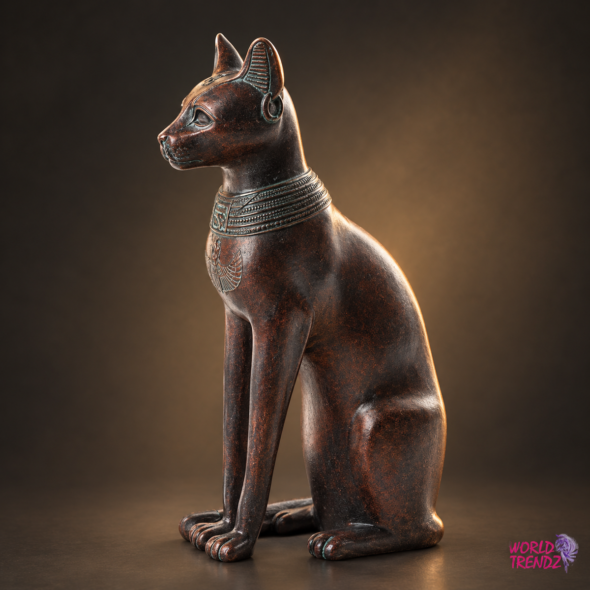 An Egyptian Small Bastet in a bronze finish, depicted sitting and looking to the left, set against a dark brown gradient background with a 'World Trendz' logo in the bottom right corner.