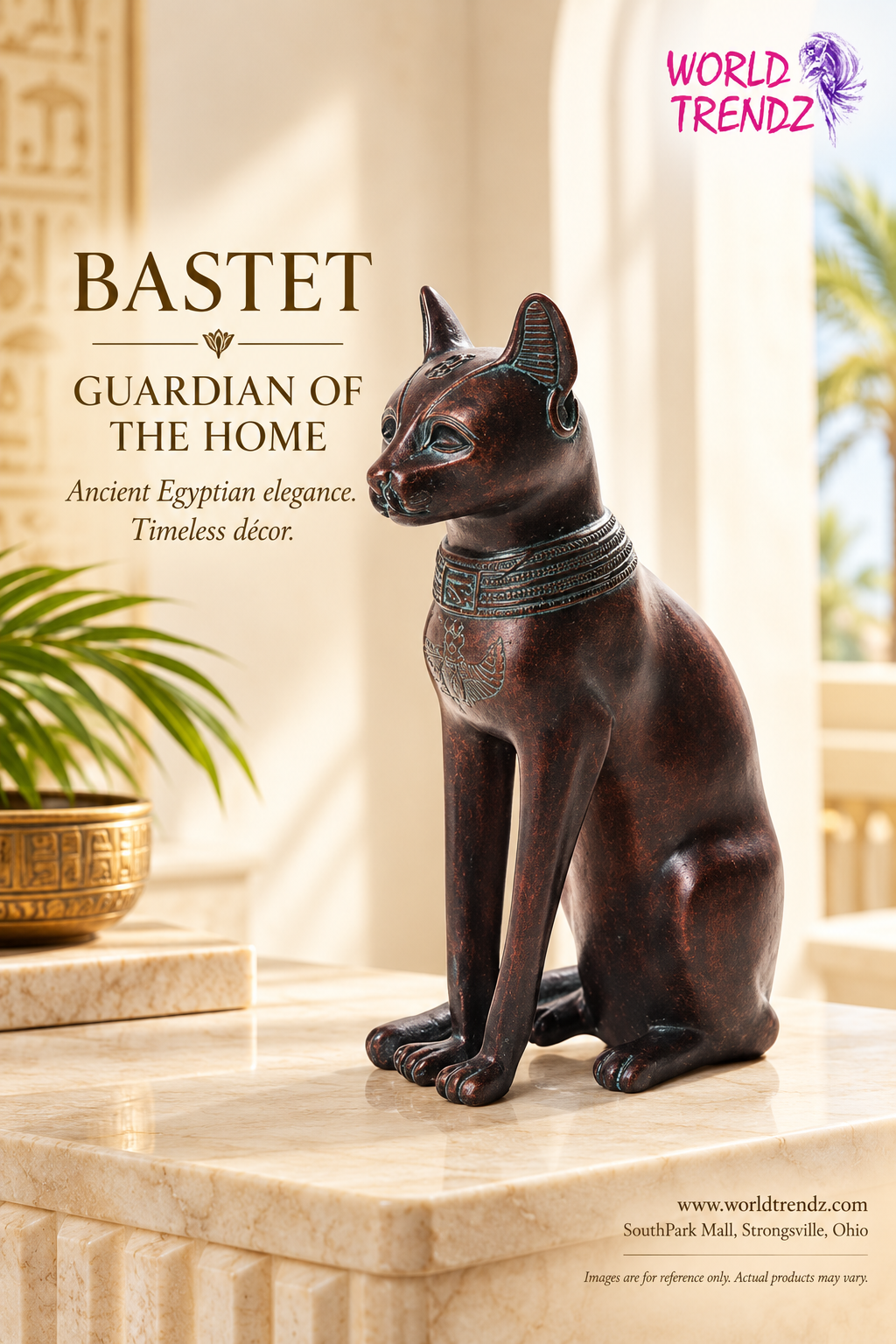 A dark brown Egyptian Small Bastet with an Egyptian collar, displayed on a marble ledge in a warm, sunlit interior setting. The image includes promotional text for 'Bastet Guardian of the Home' and a 'World Trendz' logo.