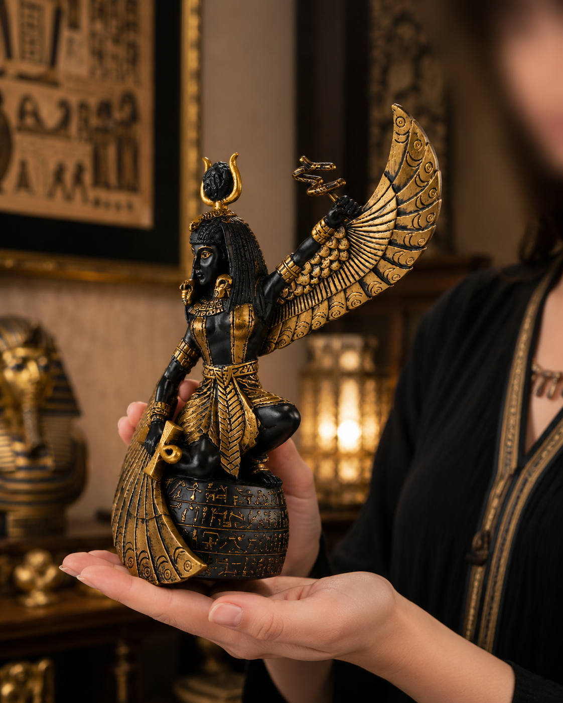 Person holding an Egyptian-themed figurine Goddess of Fertility Isis, with wings and a headdress in a decorative setting.