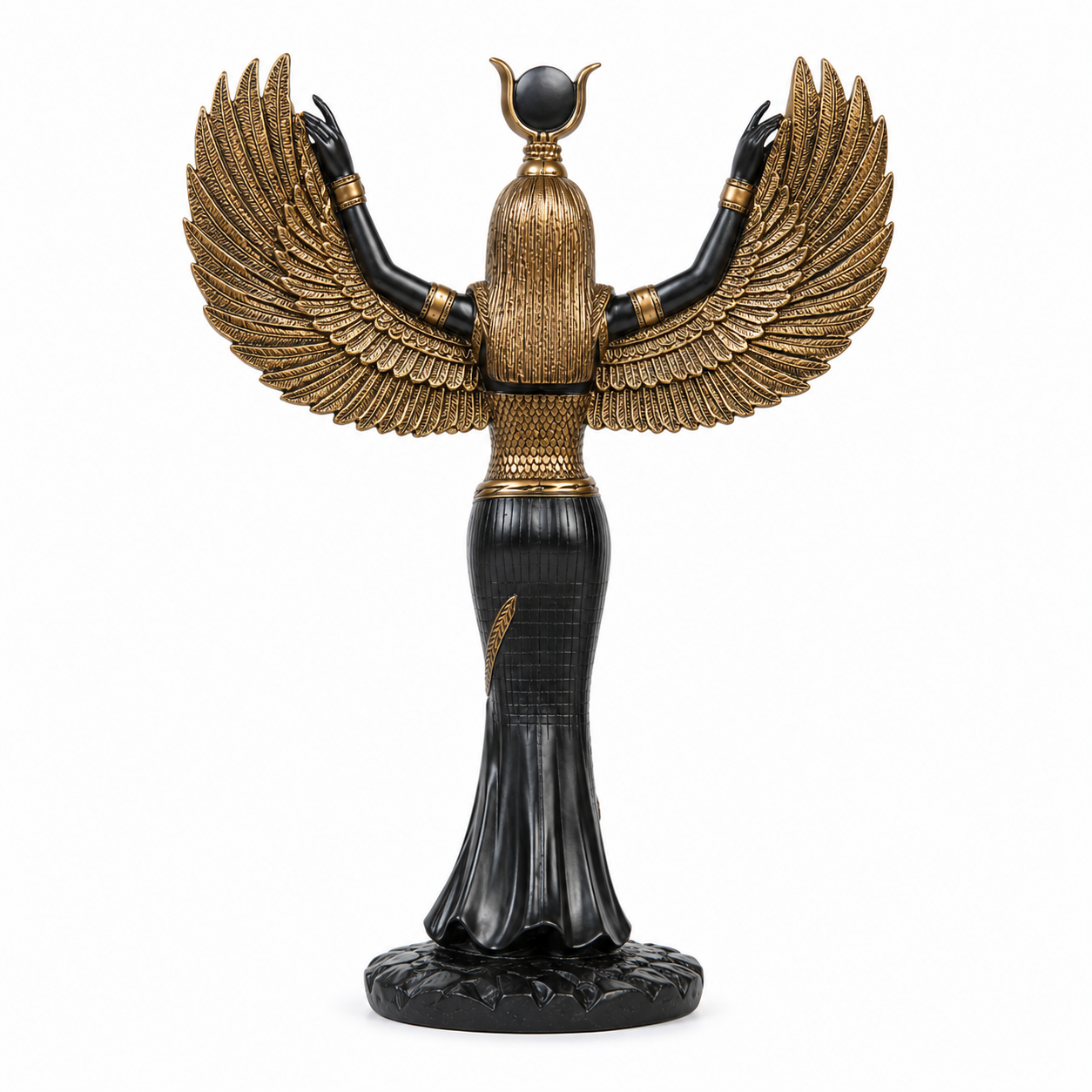 Isis Mythological Black Finish Statue with gold details on a white background