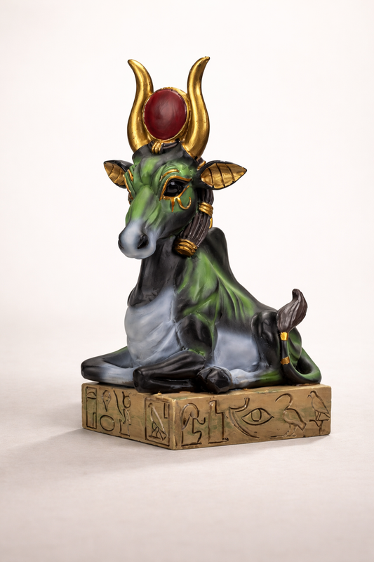 Statue of a green creature with gold headdress on a beige background