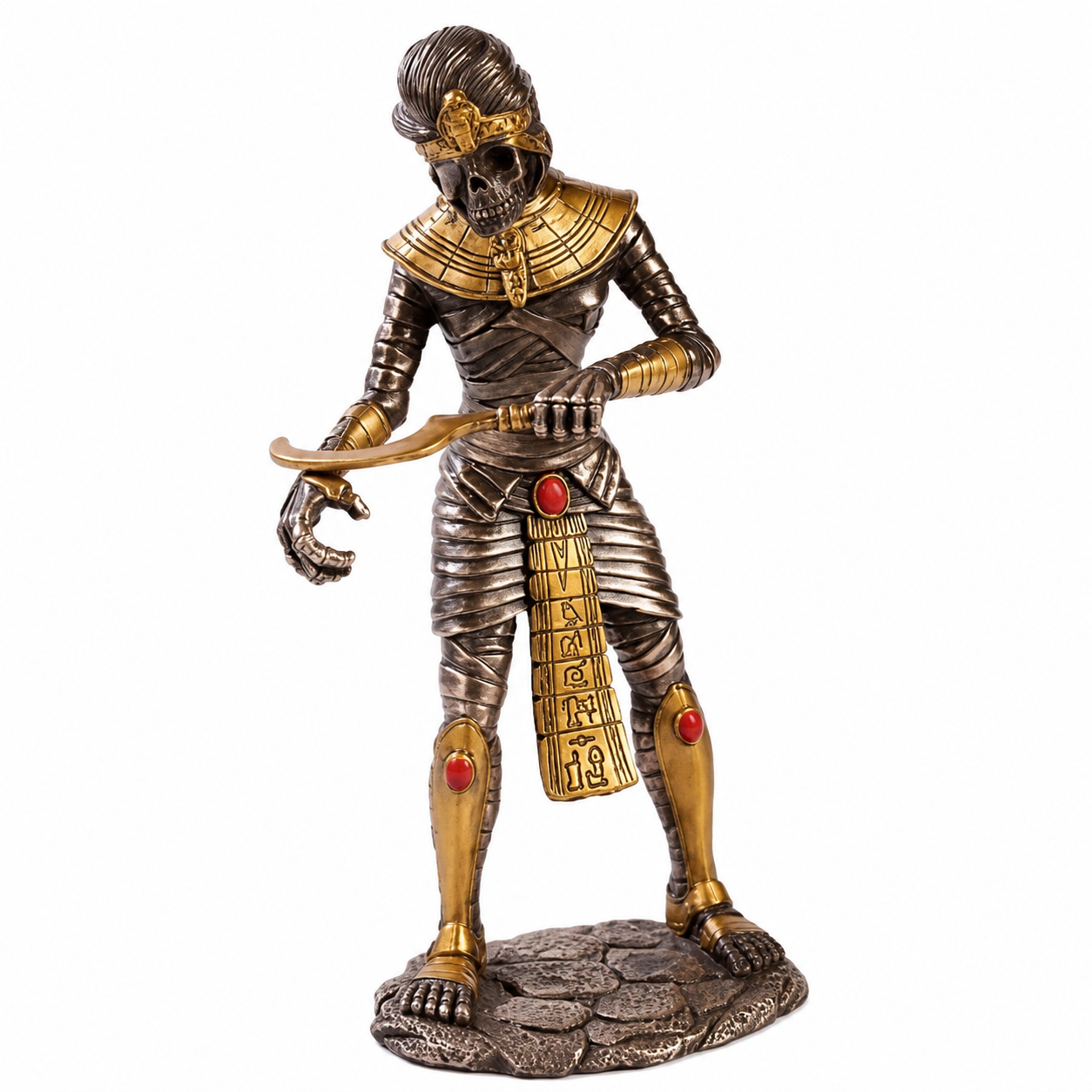 Statue of an Egyptian Mummy in gold and bronze armor on a white background