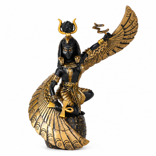 Statue of Goddess of Fertility Isis, a winged figure in black and gold on a white background