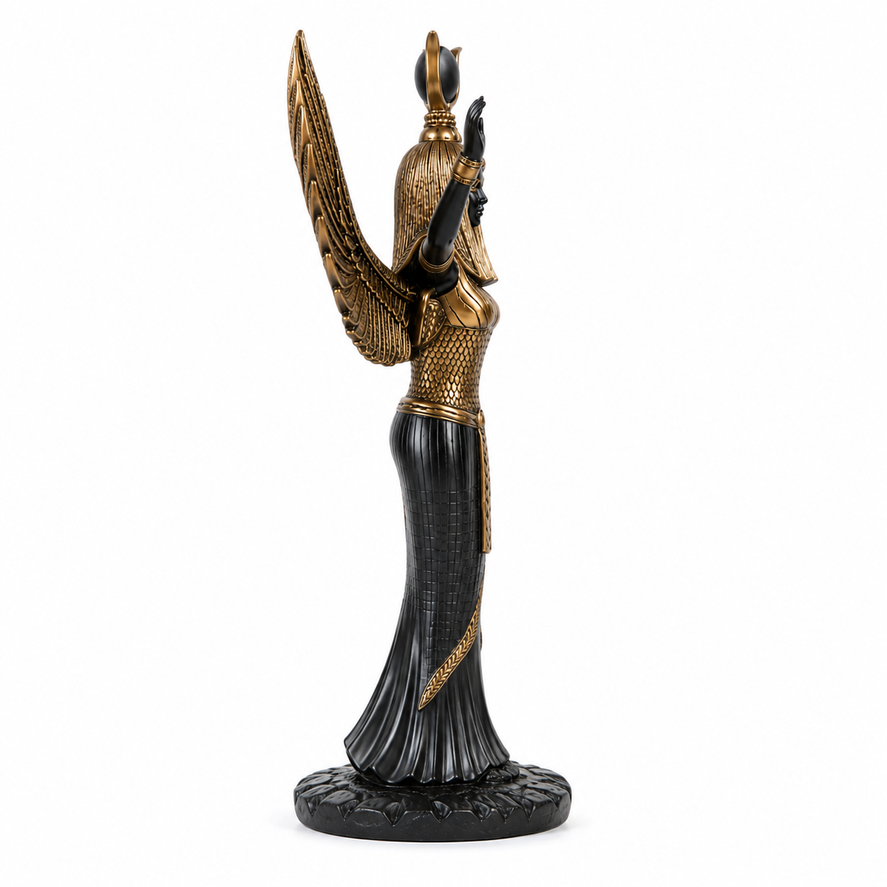 Isis Mythological Black Finish Statue with gold details on a white background
