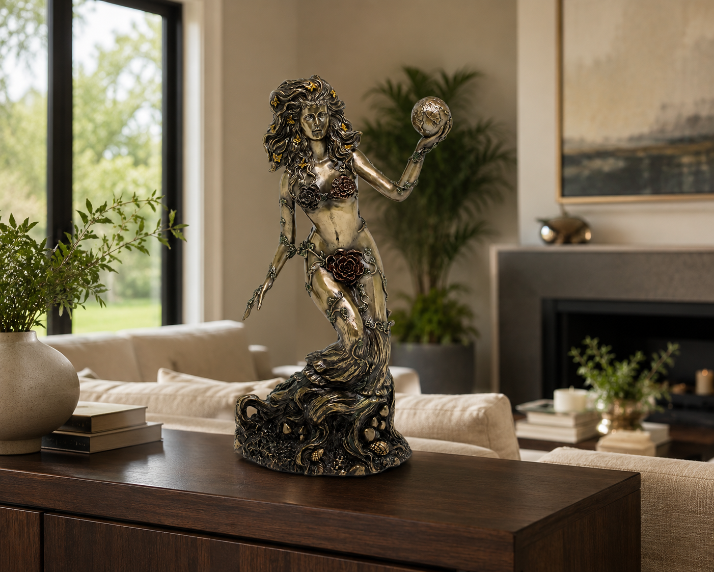 An ornate bronze-finished Goddess Gaia holding a glowing orb, displayed on a dark wood console table in a modern living room setting.