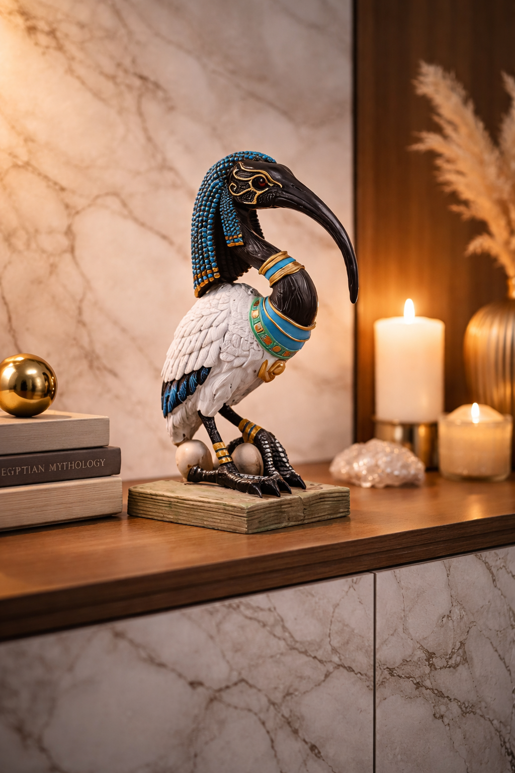 Decorative ibis figurine with Egyptian-style headdress on a marble surface with candles and books.