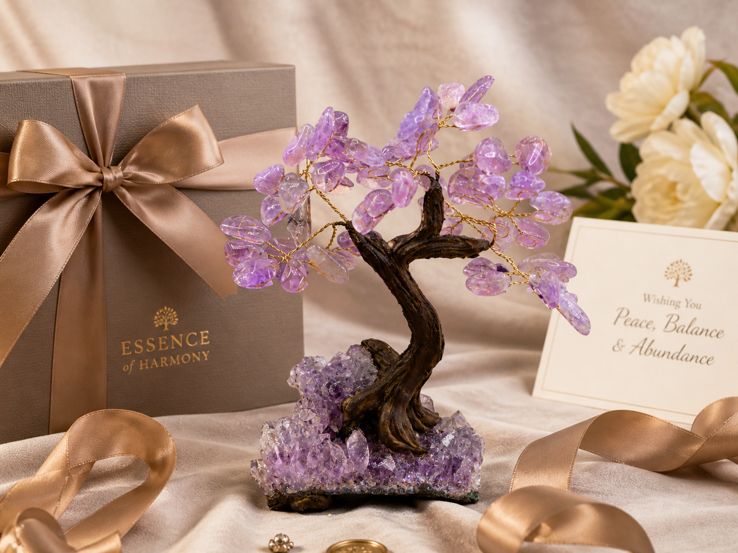 A sophisticated gifting setup with the amethyst gemstone tree placed on a textured fabric surface. Surrounding elements include a neatly wrapped gift box, satin ribbon, and a greeting card. Bright yet soft studio lighting enhances the richness of the materials. The composition feels festive, elegant, and perfect for a premium gifting campaign.