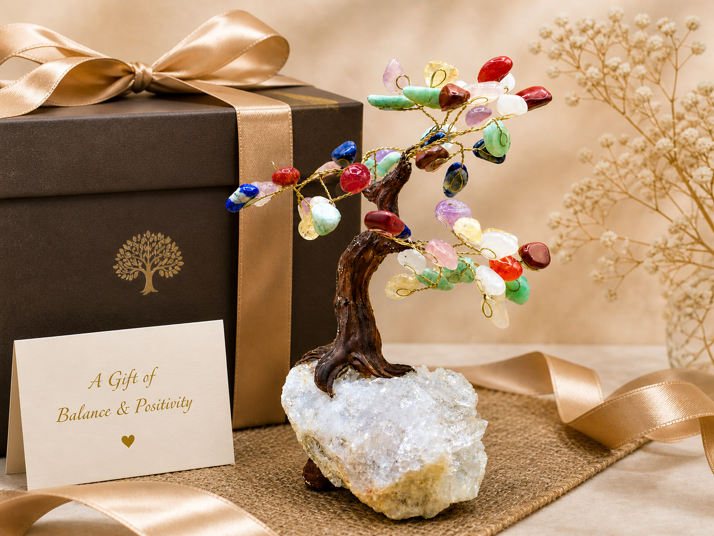 The chakra gemstone tree in a gift setting with elegant packaging, ribbon, and a minimal card. 