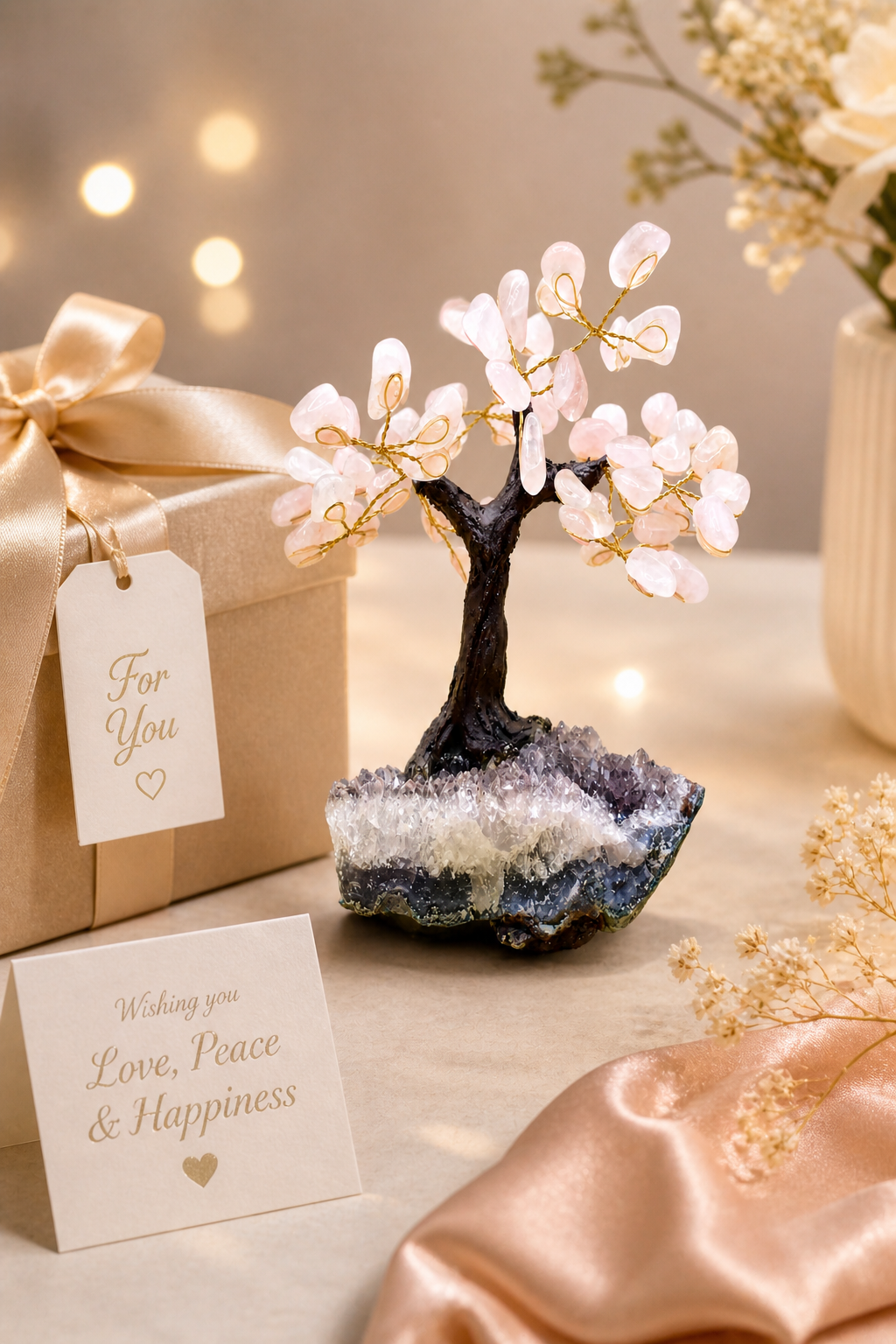 Rose quartz gemstone tree as part of a gift setup, placed next to a wrapped box with a ribbon and a greeting card.