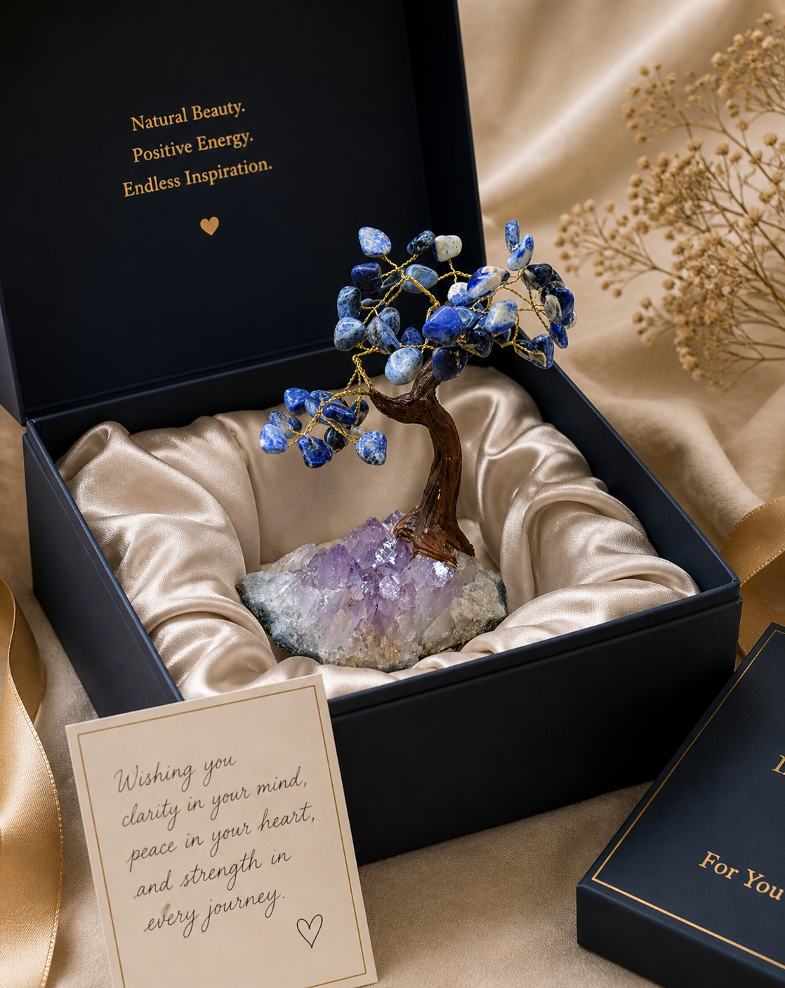 Sodalite gemstone tree inside a premium gift box with satin lining, accompanied by a handwritten note, portraying it as a thoughtful and luxurious gift for a special events.