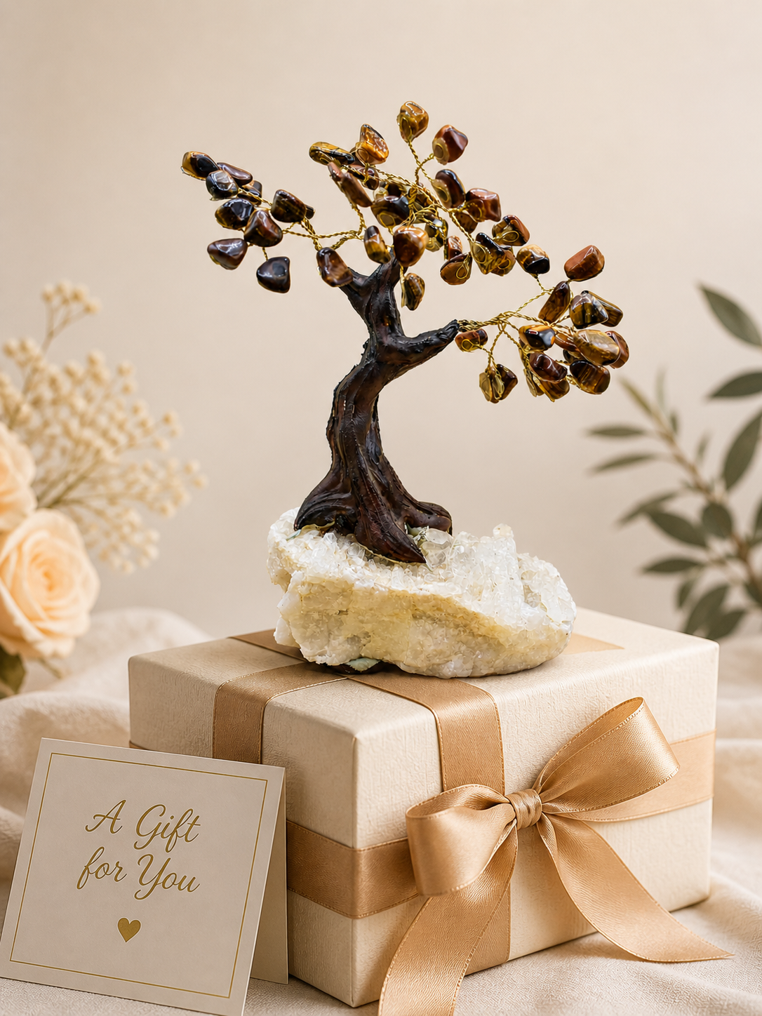Tiger eye gemstone tree sculpture as a gift item, placed on a neatly wrapped gift box with ribbon and a greeting card nearby.