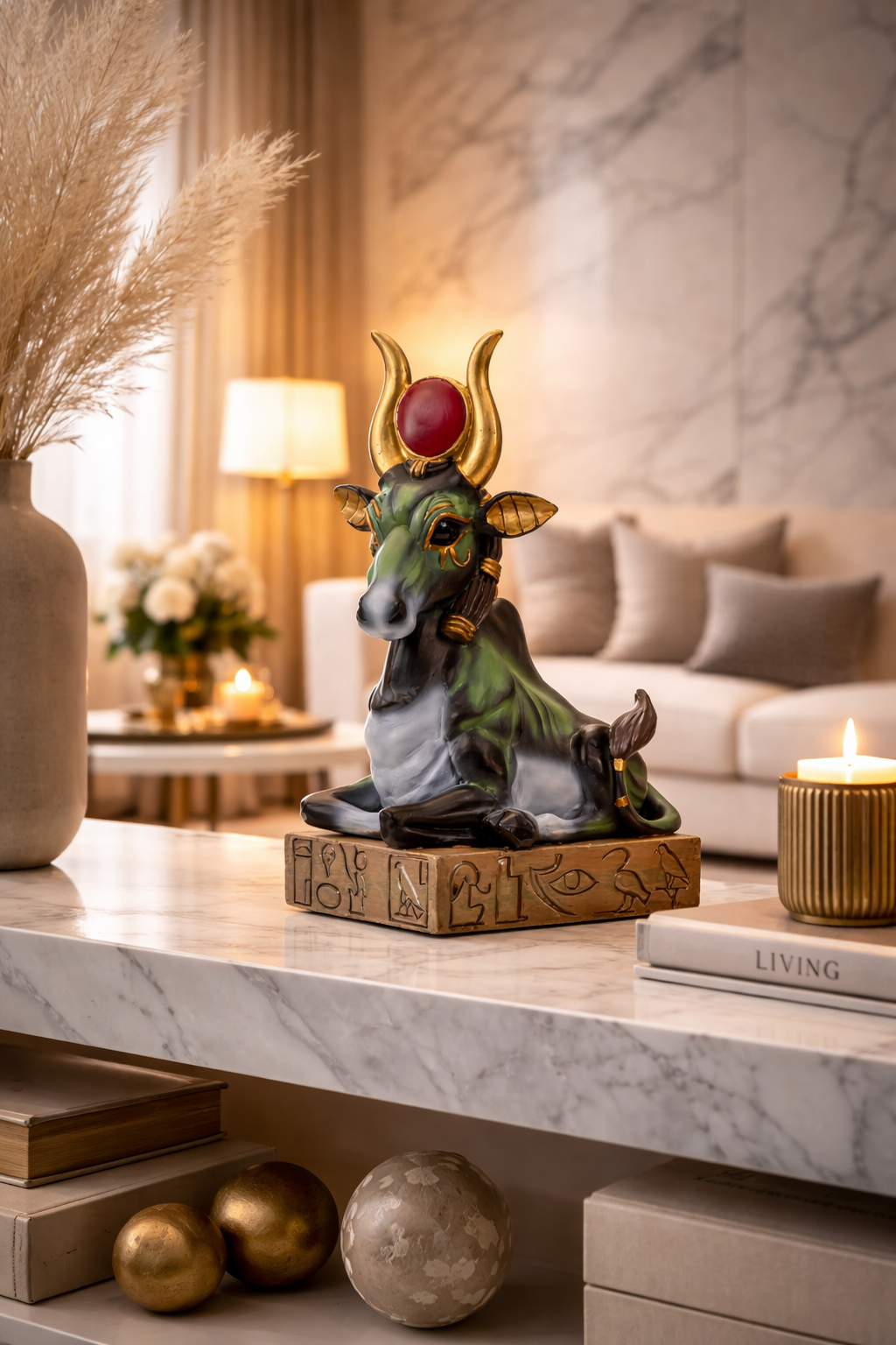 Decorative animal figurine on a marble surface with a living room background